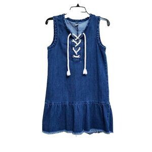 Aerie Drop Waist  Denim Dress Womens Size XS Sleeveless Raw Hem Rope Tie
